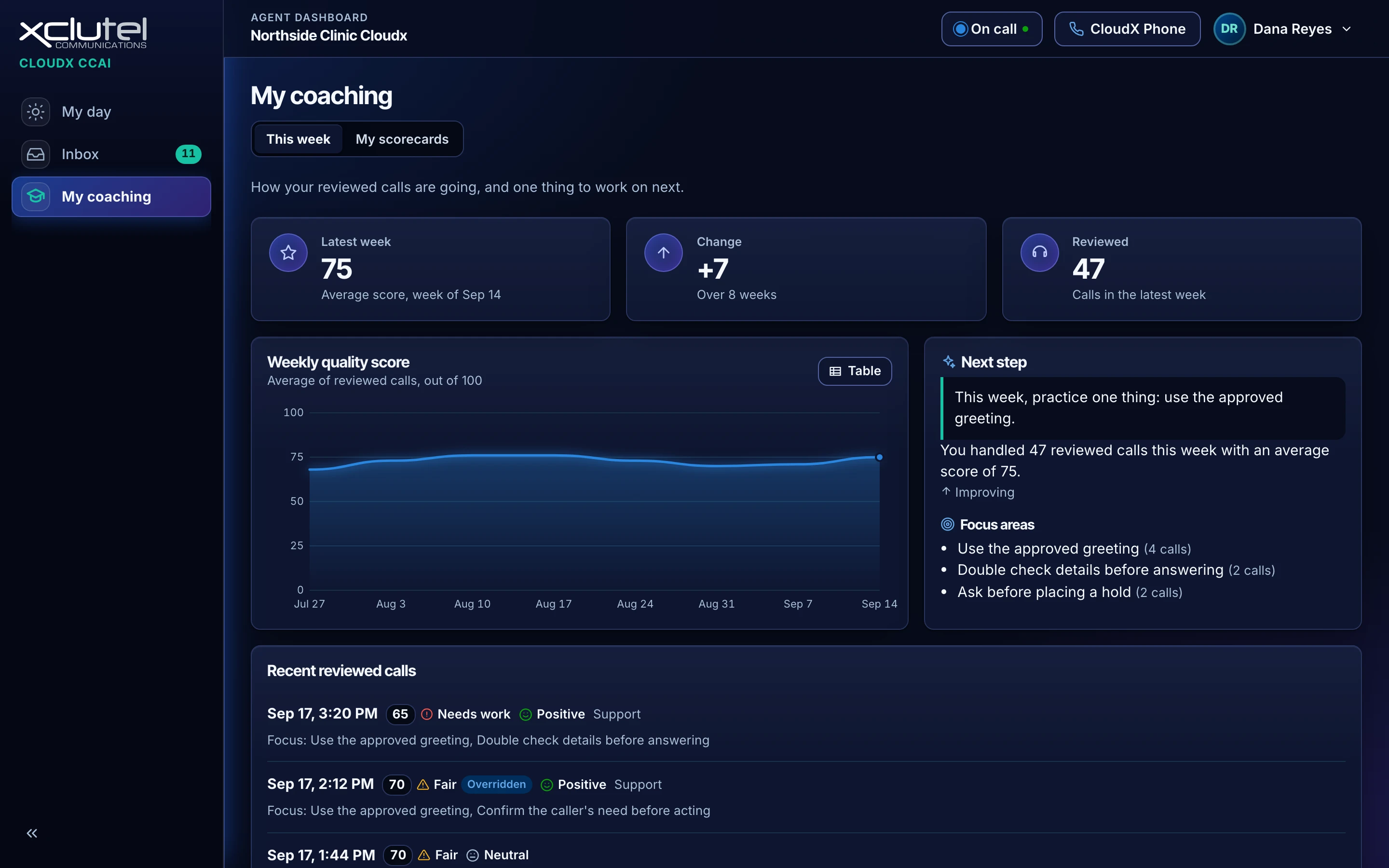 The CCAI agent page My coaching, with the latest weekly score, a trend chart, a next step and a list of recent reviewed calls