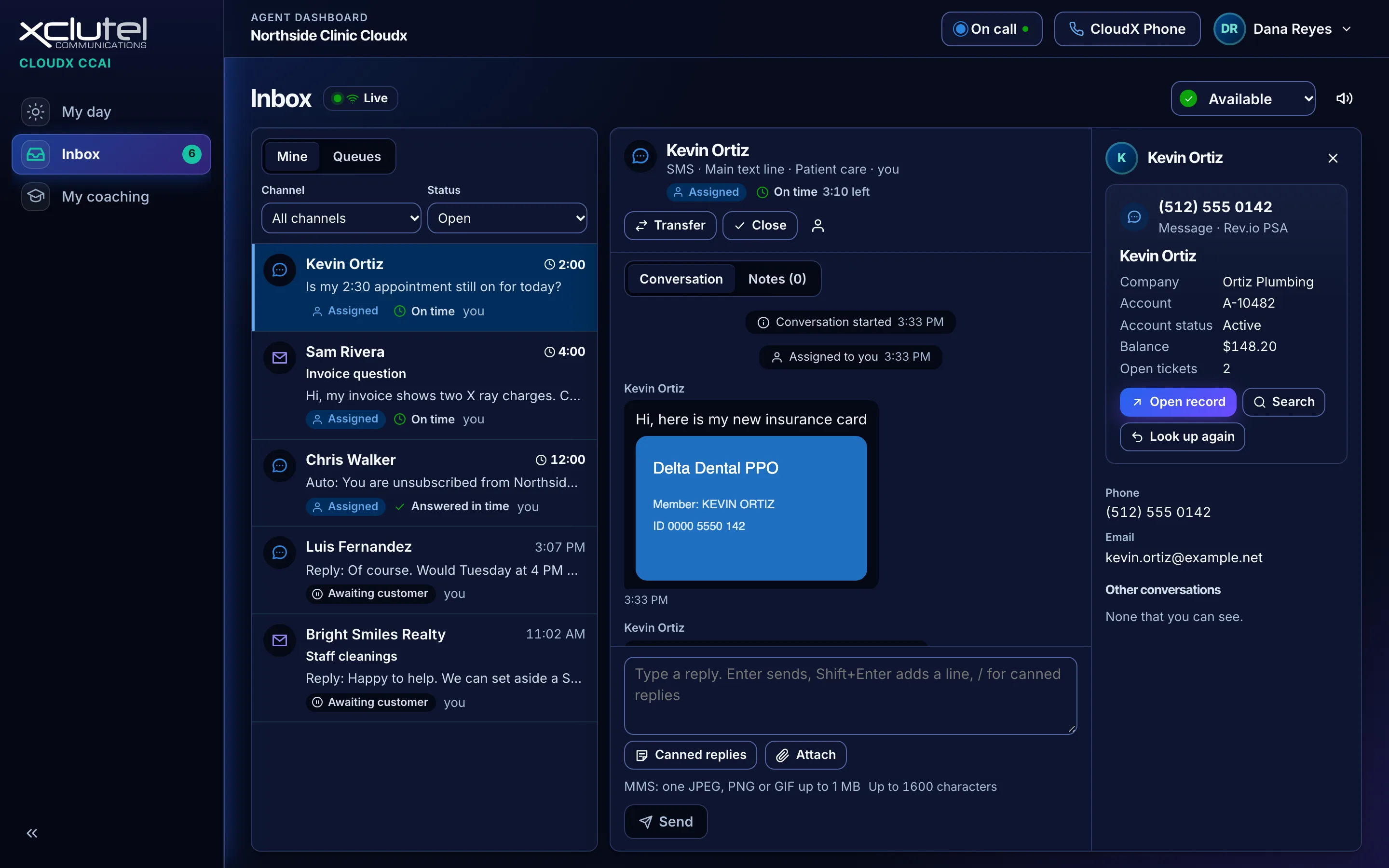The CCAI agent inbox with a list of conversations, an open text thread containing a picture message, and the customer's record in a panel on the right