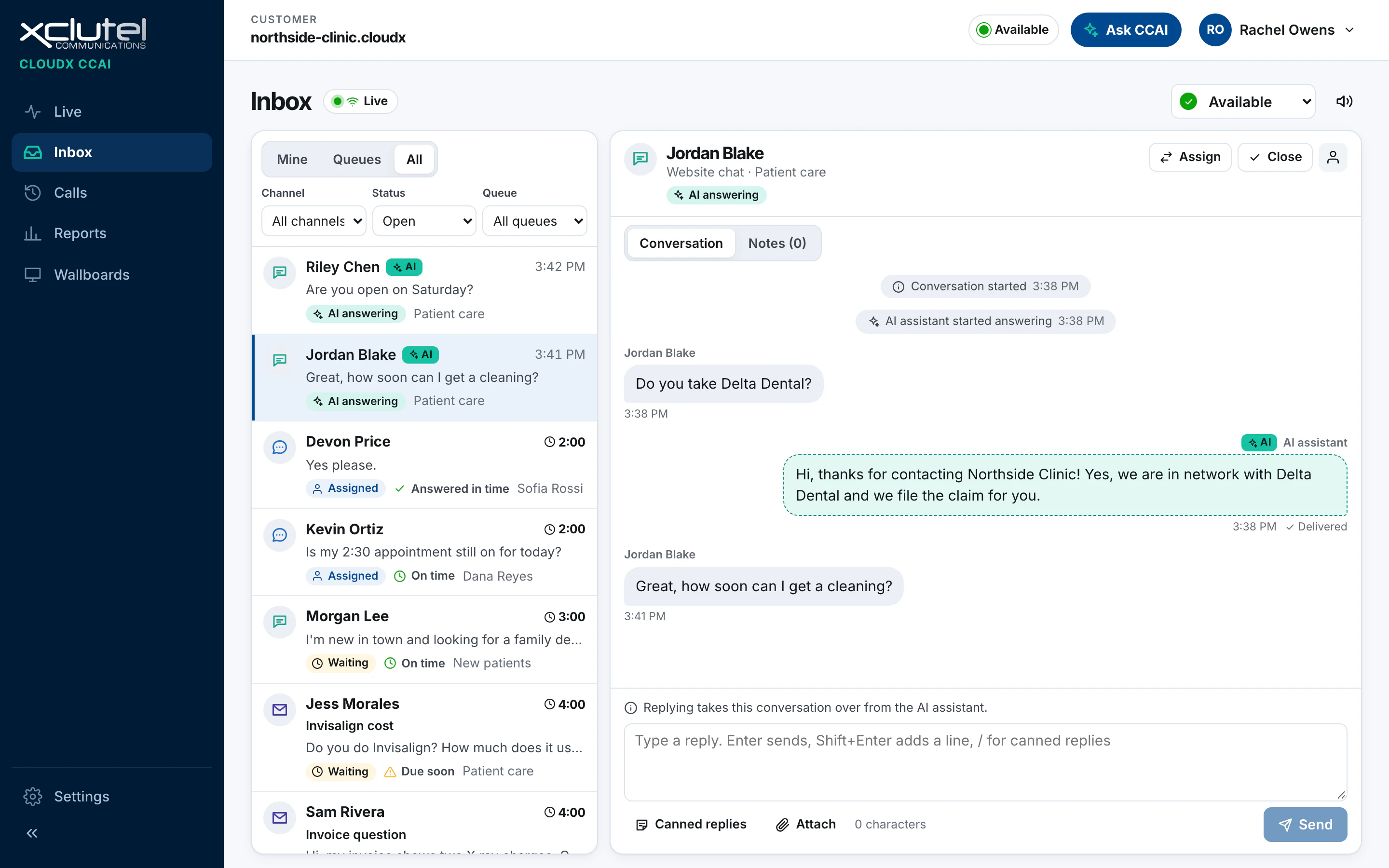 The CCAI shared inbox showing a list of digital conversations beside an open message thread
