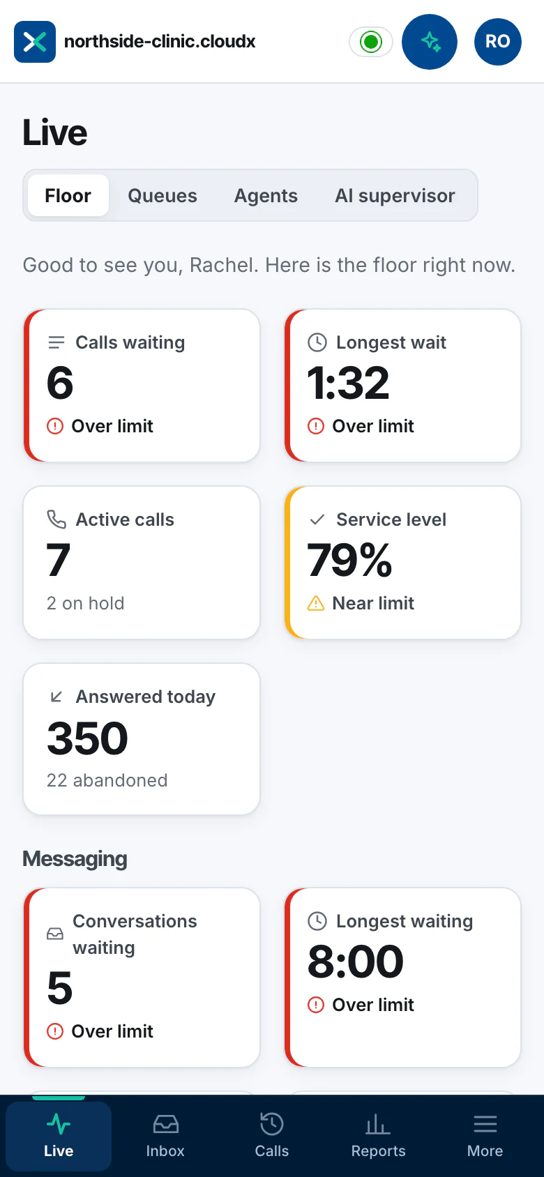 The CCAI live floor on a phone, with queue statistics stacked above the agent list