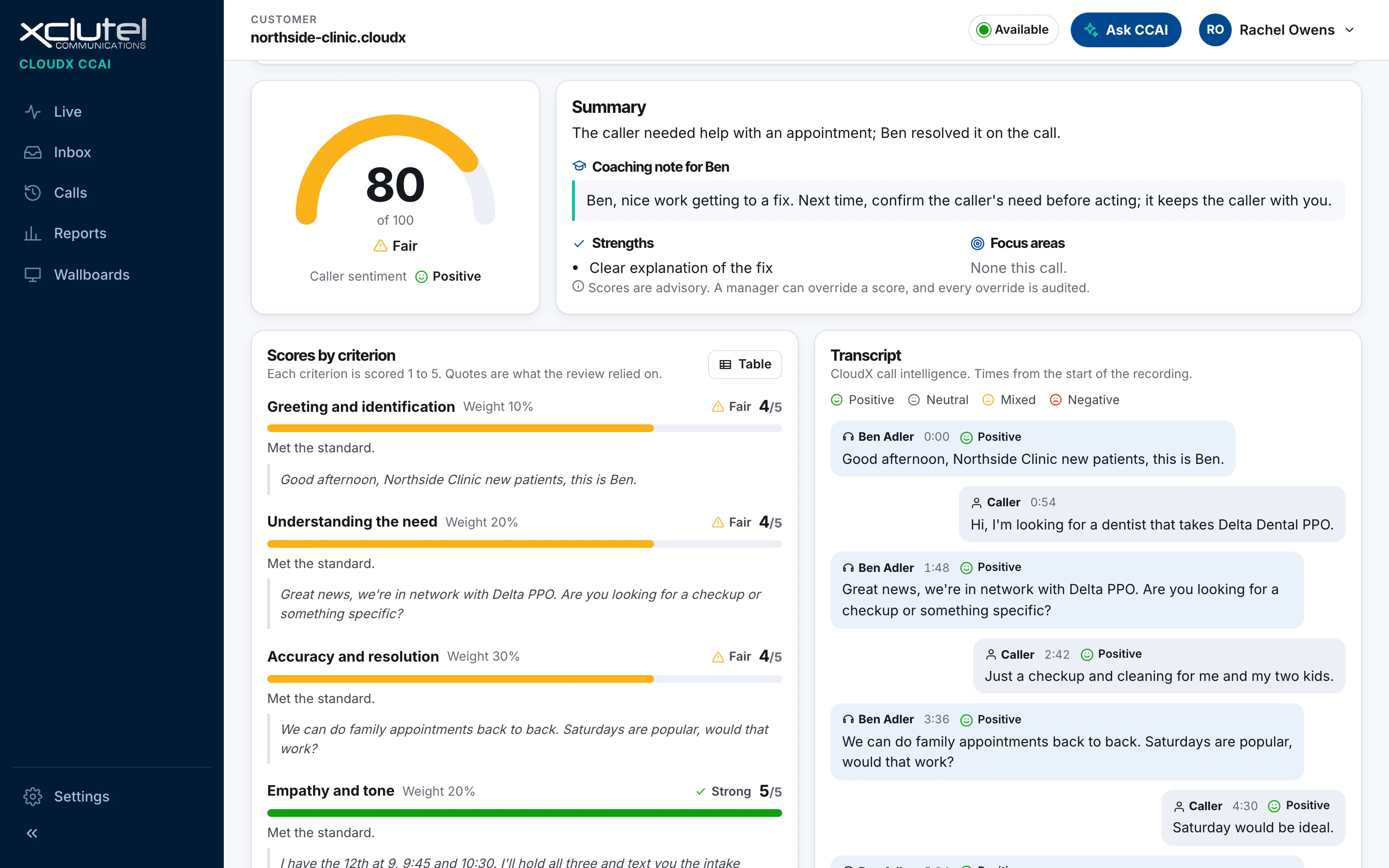 A CCAI quality scorecard listing criteria, scores and the quoted lines from the call that support them