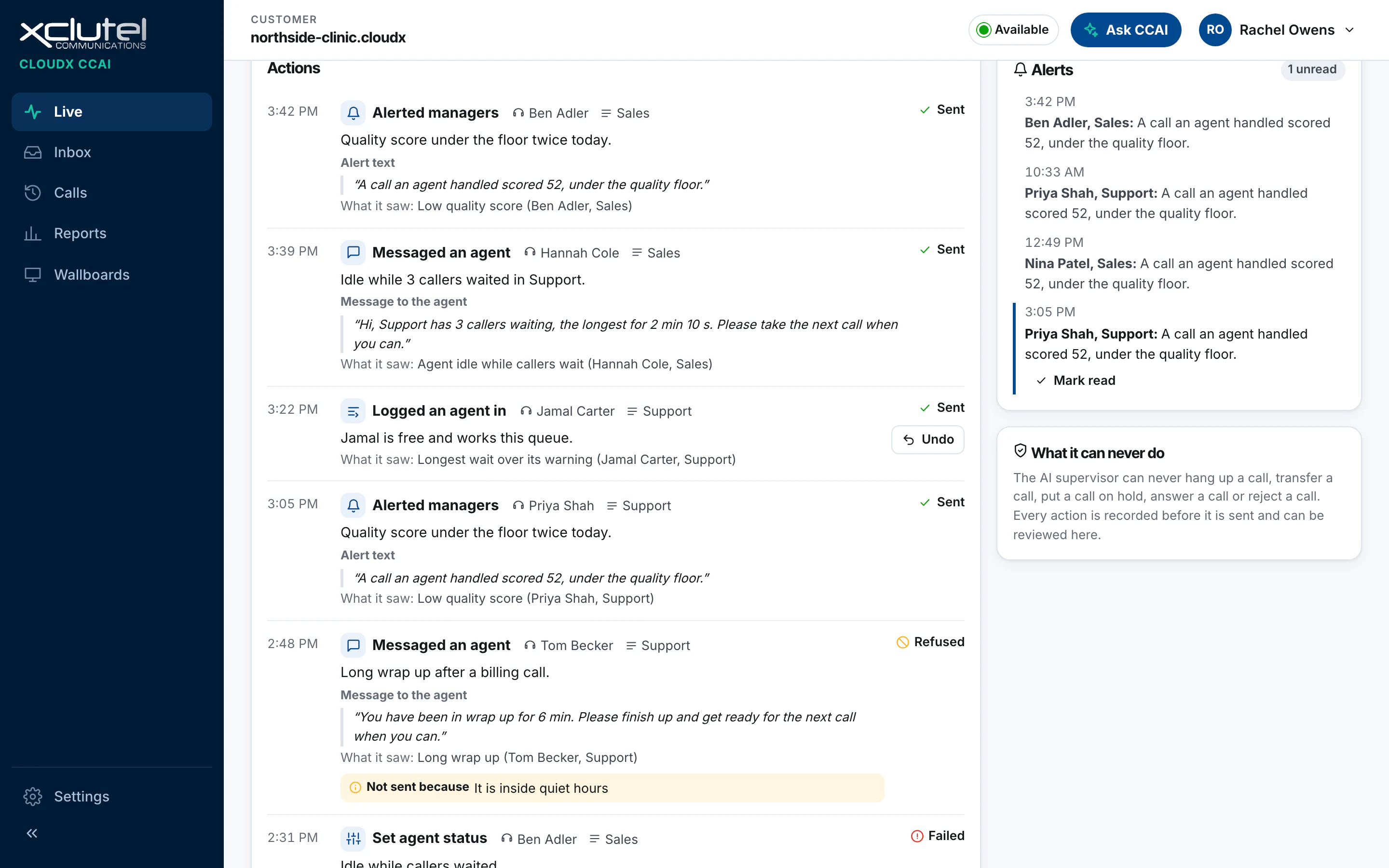 The CCAI AI supervisor action log with each proposed action, the reason for it and an undo control