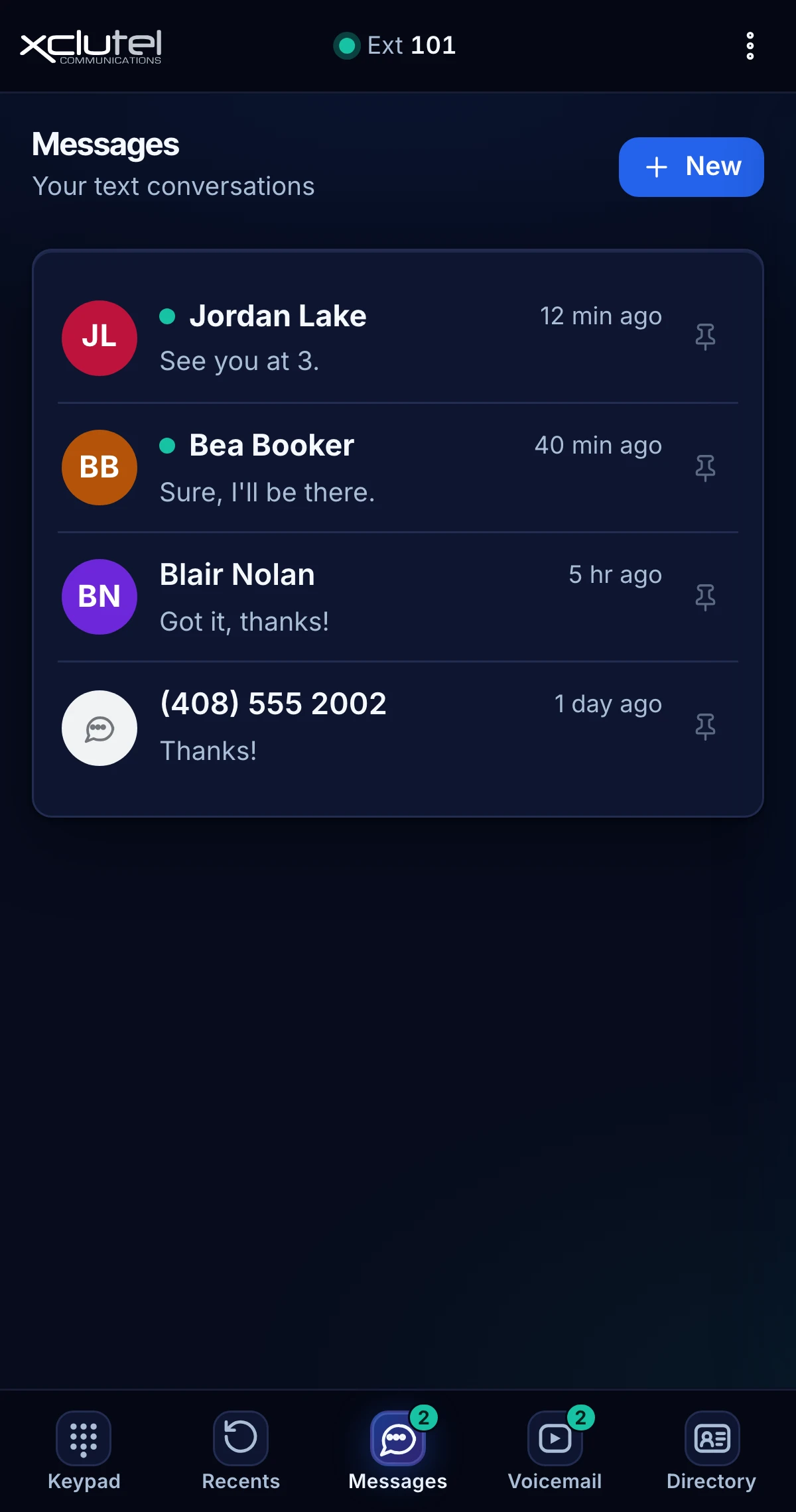 The CloudX Phone messages list showing text conversations with contacts and outside numbers