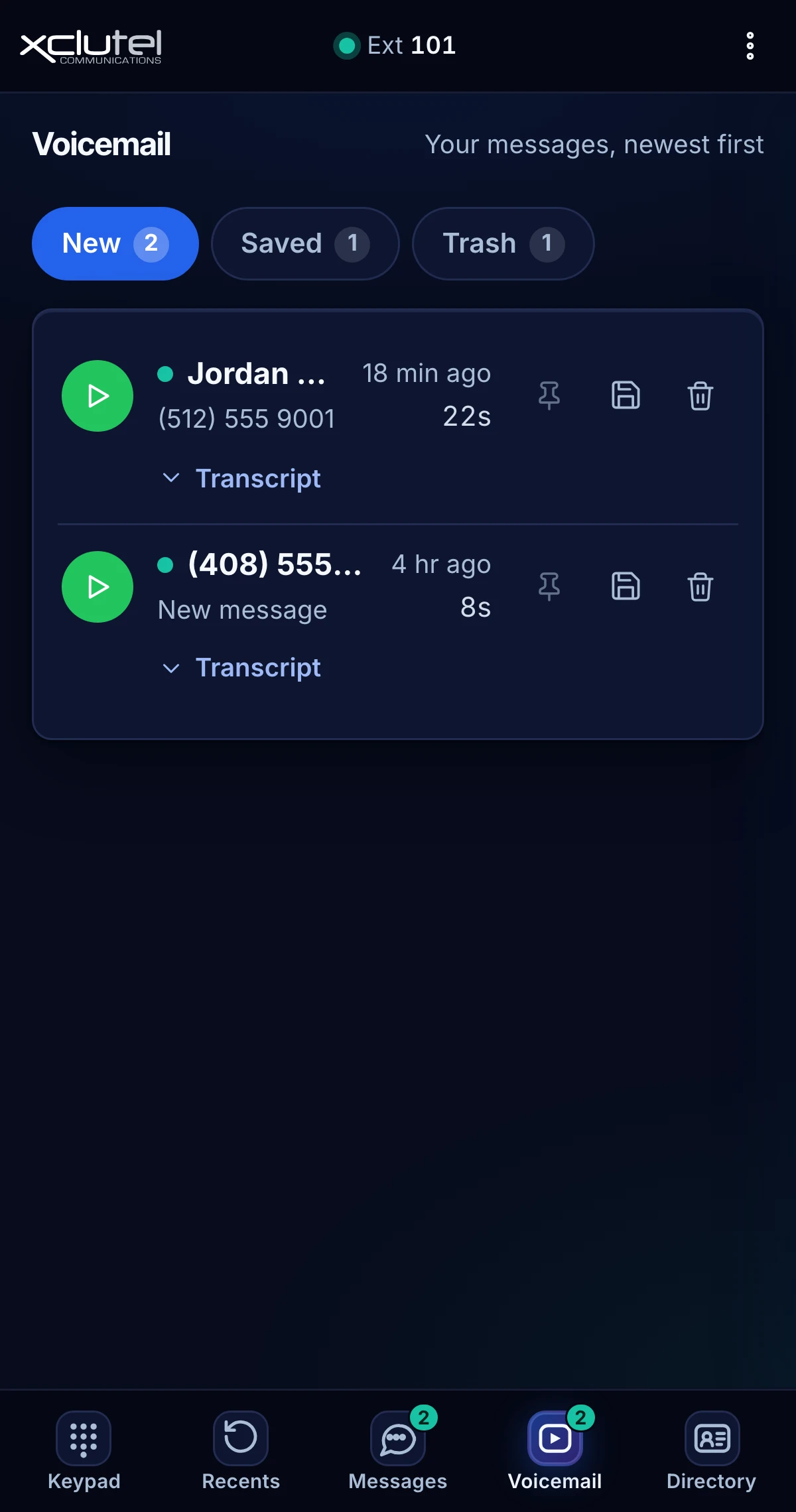 The CloudX Phone voicemail list with New, Saved and Trash folders and a transcript link on each message